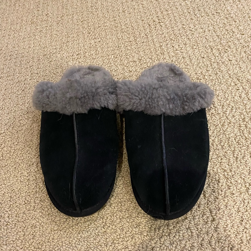 UGG Black Suede Shearling Clog Slippers
